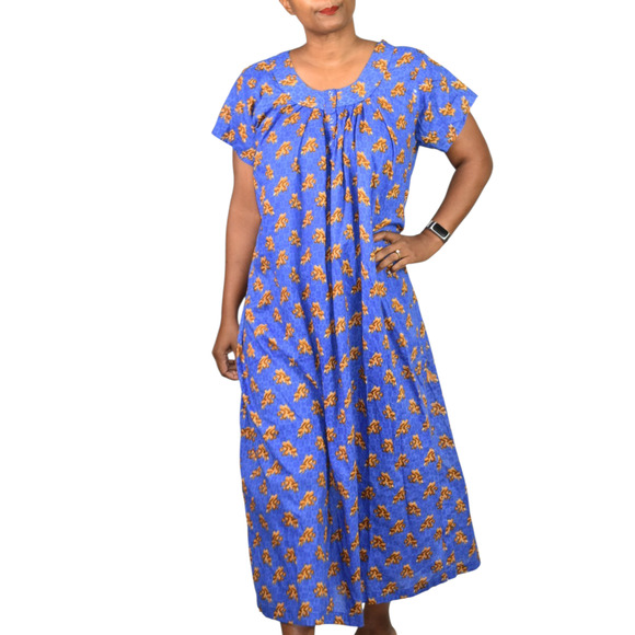 Homemade Cotton Patio Dress Blue Block Print Muumuu Housedress Loungewear Medium - Picture 1 of 13